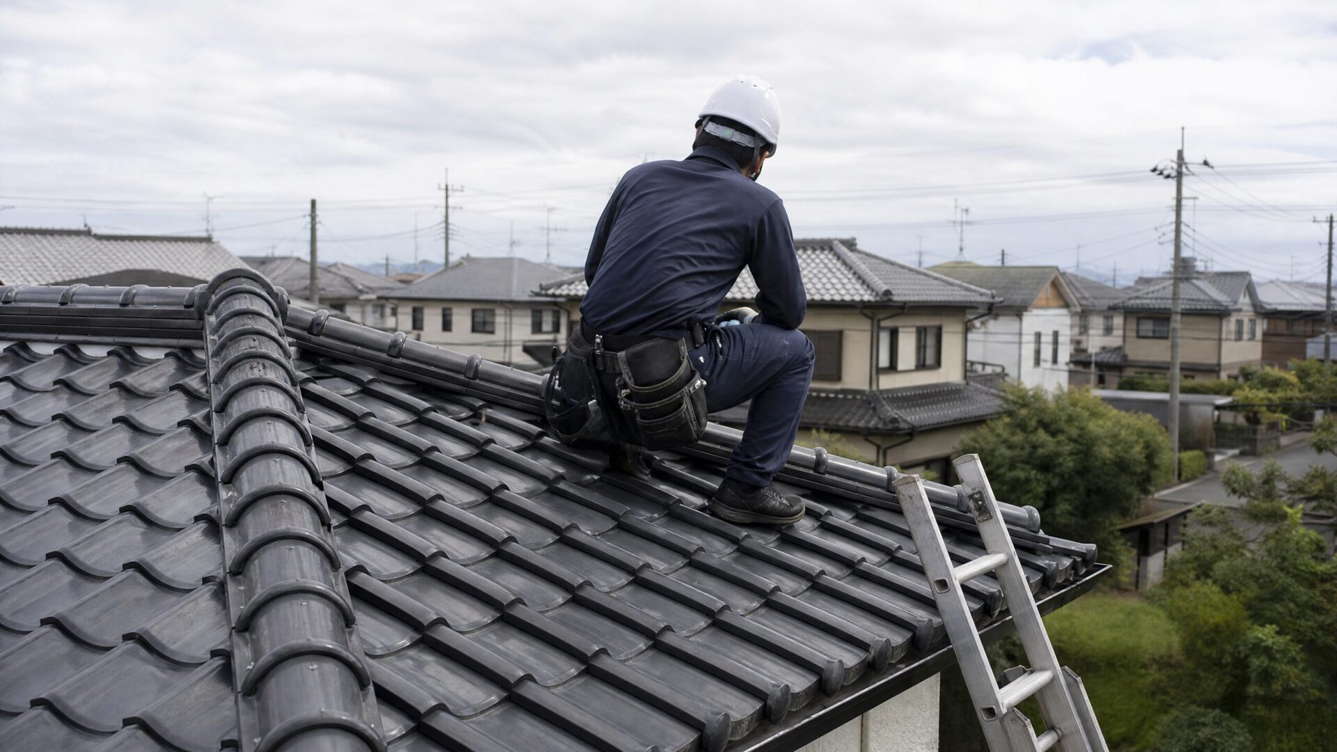 ヘルメットをかぶった職人が住宅の屋根に上り、瓦や板金の状態を点検している様子