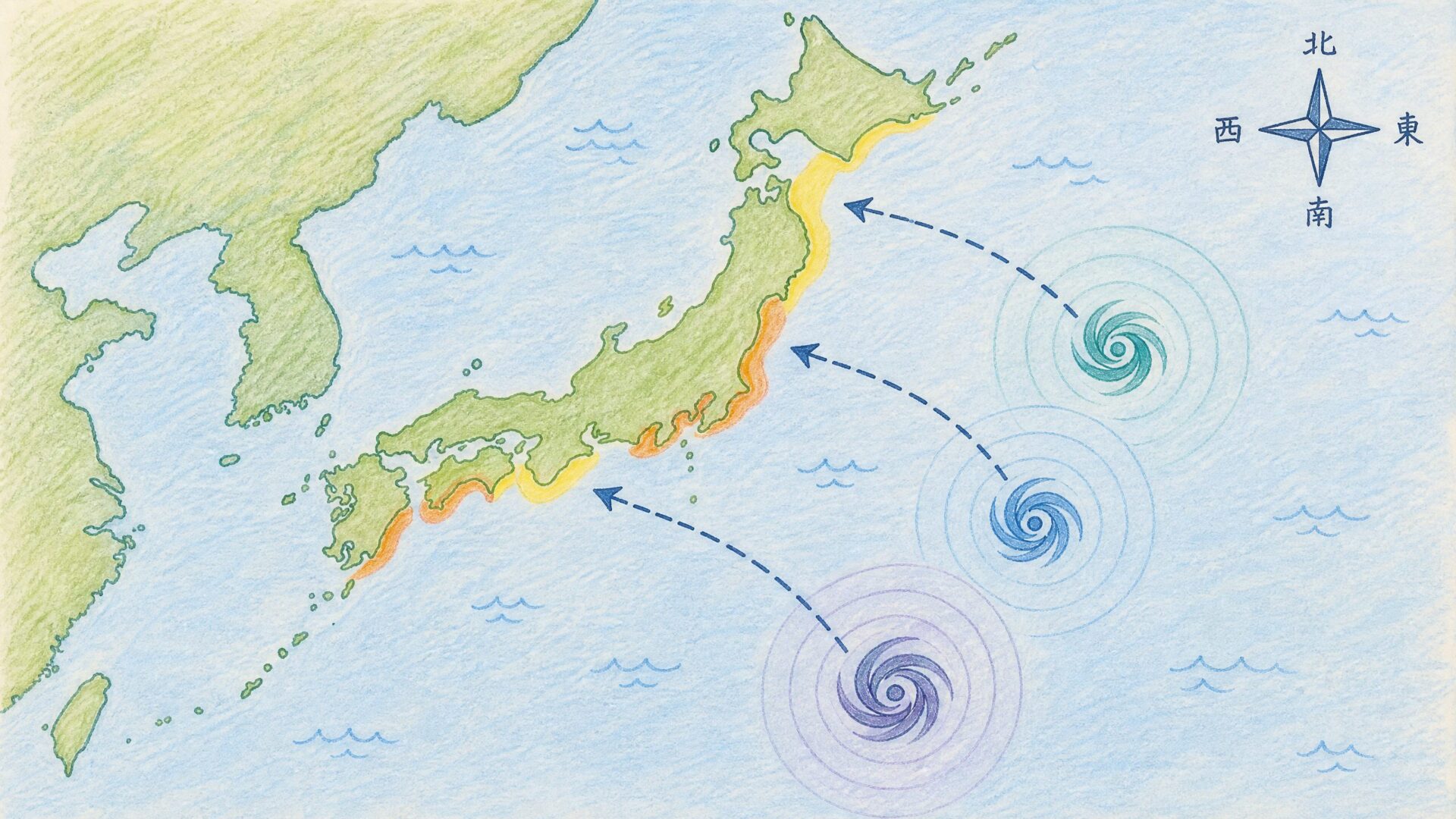 日本列島へ向かう複数の台風の進路予想を示す図